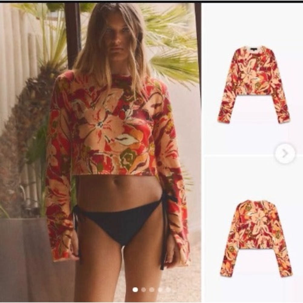 Zara Women Floral Knit Crop Top Long Sleeve Orange Red Green Small